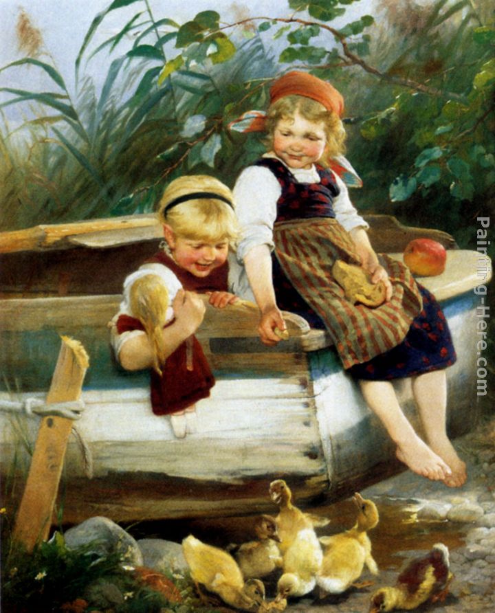 Feeding The Ducklings painting - Karl Raupp Feeding The Ducklings art painting